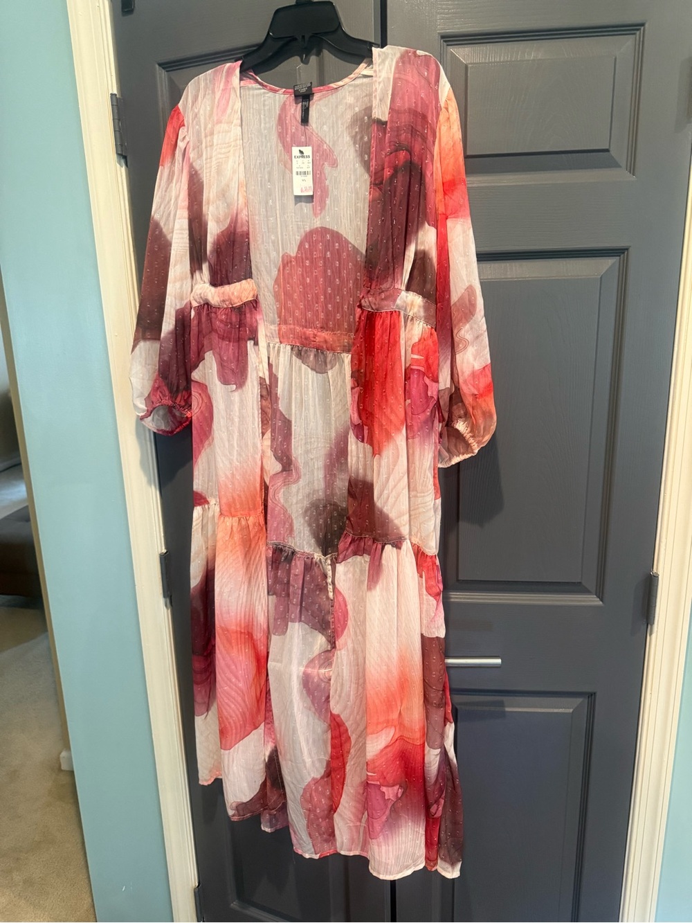 Express- Tie Waist Sheer Floral Watercolor Duster